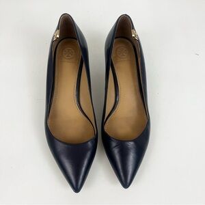 Tory Burch Elizabeth Kitten Low-Heel Navy Leather Pumps Women’s Size 8.5